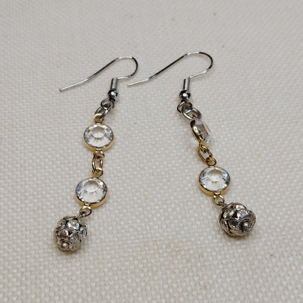Mixed Metal Linear Drop Earrings with Bezel Set Crystals and Rhinestone Accent